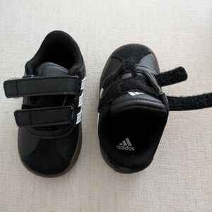 adidas Kids Black Velcro Sneakers with White Three Stripes